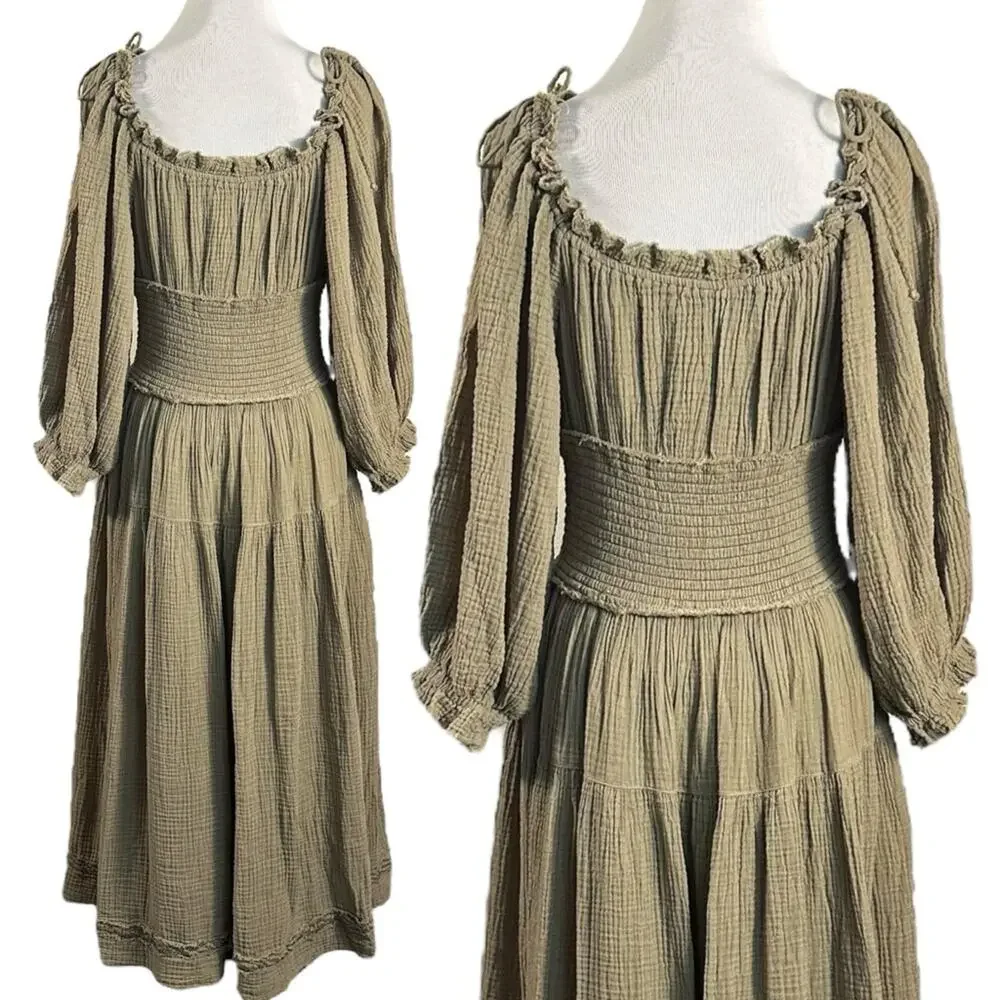 Free People Large Bohemian Witchy Gypsy Midi Maxi Gauze Dress Olive Renaissance